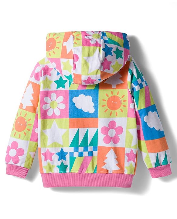 Babyhug Cotton Knit Full Sleeves Hooded Sweatjacket With Floral Print & Kangaroo Pockets - Multicolor