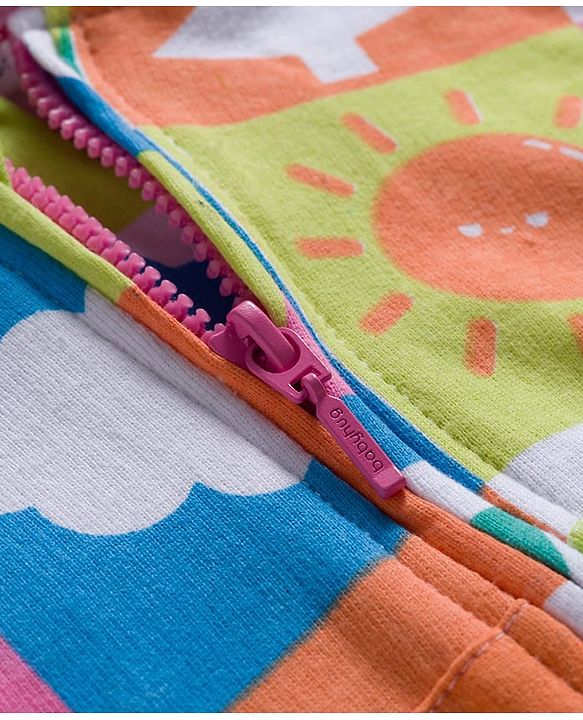 Babyhug Cotton Knit Full Sleeves Hooded Sweatjacket With Floral Print & Kangaroo Pockets - Multicolor