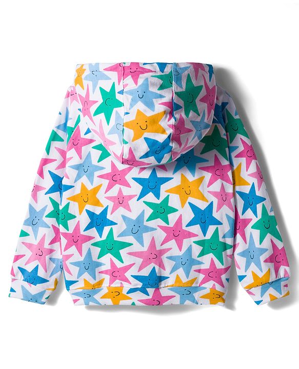 Babyhug Cotton Knit Full Sleeves Hooded Sweatjacket With Star Print & Kangaroo Pockets - Multicolor