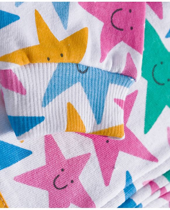 Babyhug Cotton Knit Full Sleeves Hooded Sweatjacket With Star Print & Kangaroo Pockets - Multicolor
