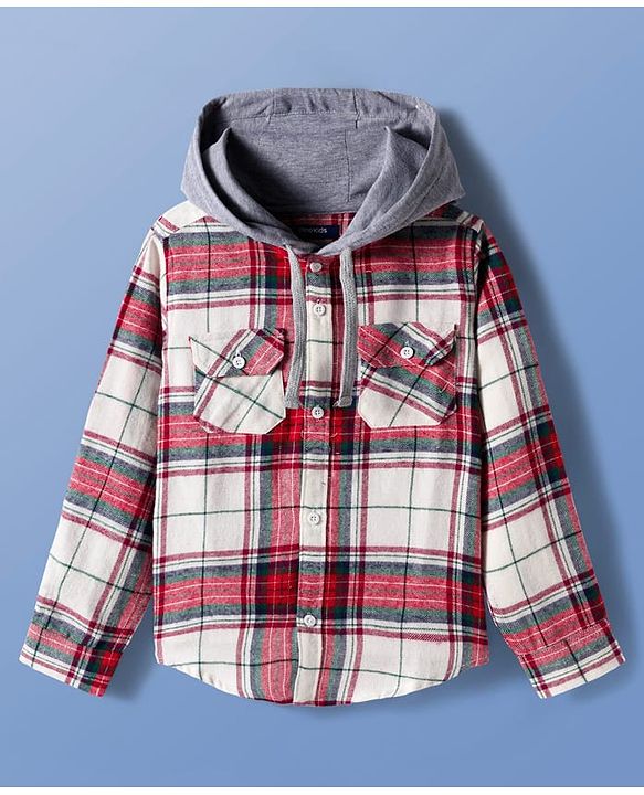 Pine Kids Cotton Woven Full Sleeves Brushed Hooded Shirt With Checks - Red