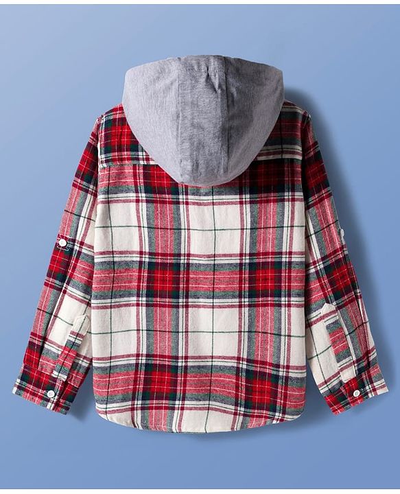Pine Kids Cotton Woven Full Sleeves Brushed Hooded Shirt With Checks - Red