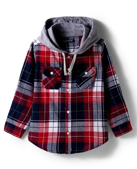 Pine Kids Cotton Woven Full Sleeves Hooded Checkered Shirt - Red