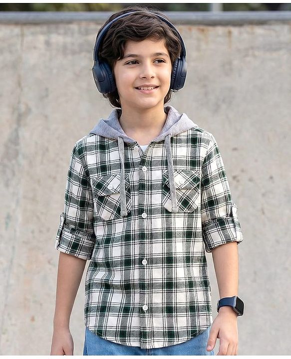Pine Kids Cotton Woven Full Sleeves Brushed Hooded Shirt With Checks - Green