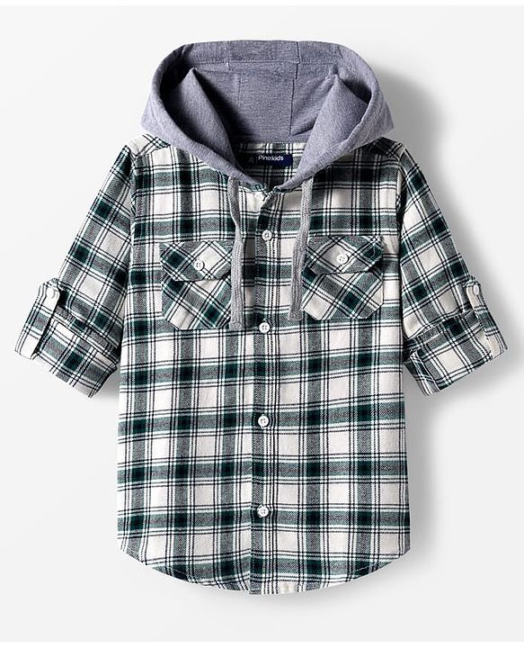 Pine Kids Cotton Woven Full Sleeves Brushed Hooded Shirt With Checks - Green