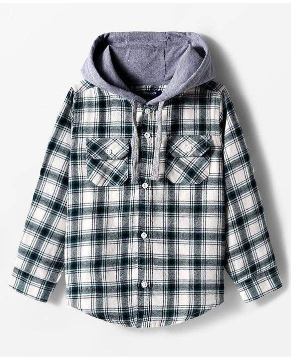 Pine Kids Cotton Woven Full Sleeves Brushed Hooded Shirt With Checks - Green