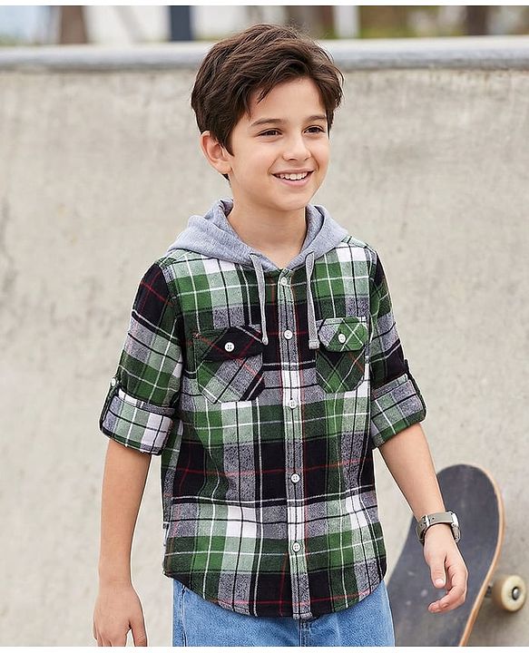 Pine Kids Cotton Woven Full Sleeves Brushed Hooded Shirt With Checks - Green
