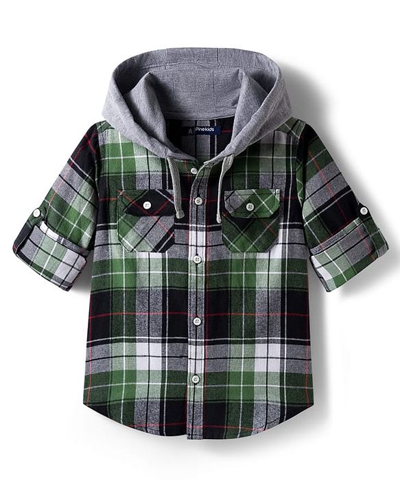 Pine Kids Cotton Woven Full Sleeves Brushed Hooded Shirt With Checks - Green