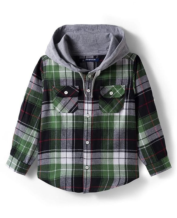 Pine Kids Cotton Woven Full Sleeves Brushed Hooded Shirt With Checks - Green