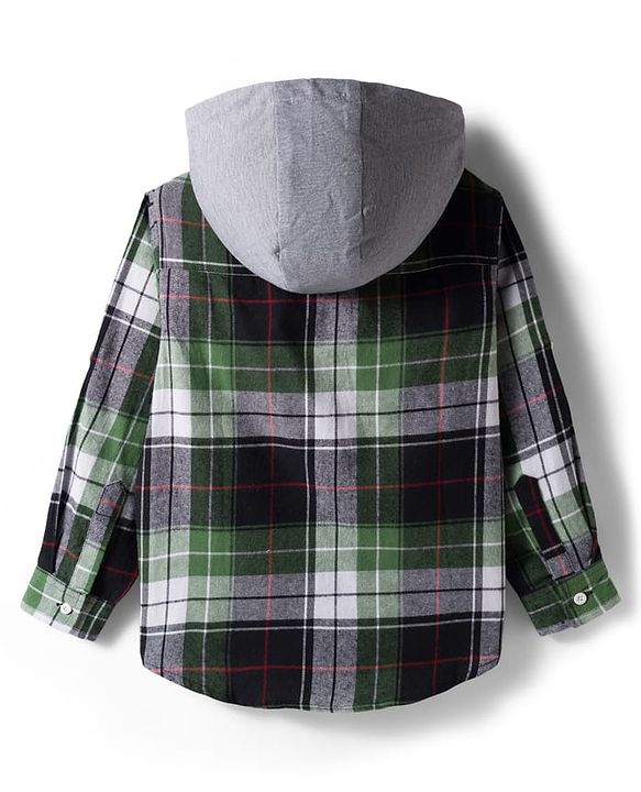 Pine Kids Cotton Woven Full Sleeves Brushed Hooded Shirt With Checks - Green