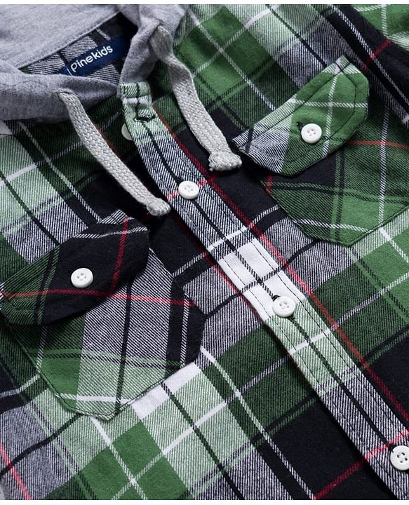 Pine Kids Cotton Woven Full Sleeves Brushed Hooded Shirt With Checks - Green