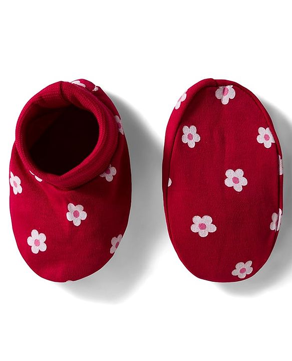 Babyhug 100% Cotton Interlock Knit Mittens & Booties Set with Floral Print - Red