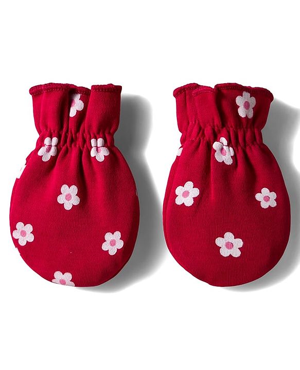 Babyhug 100% Cotton Interlock Knit Mittens & Booties Set with Floral Print - Red