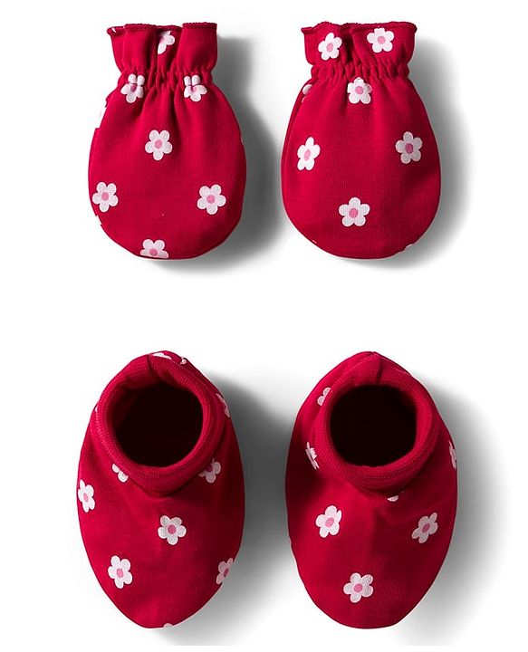 Babyhug 100% Cotton Interlock Knit Mittens & Booties Set with Floral Print - Red