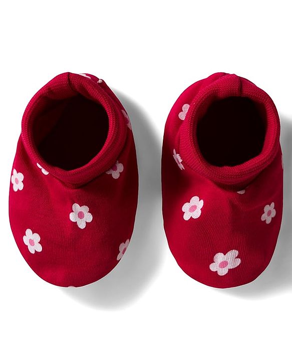 Babyhug 100% Cotton Interlock Knit Mittens & Booties Set with Floral Print - Red