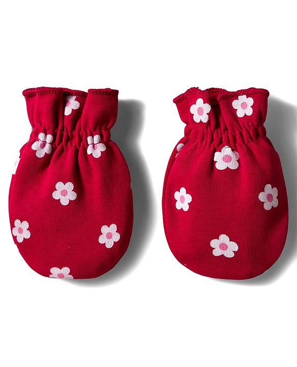 Babyhug 100% Cotton Interlock Knit Mittens & Booties Set with Floral Print - Red