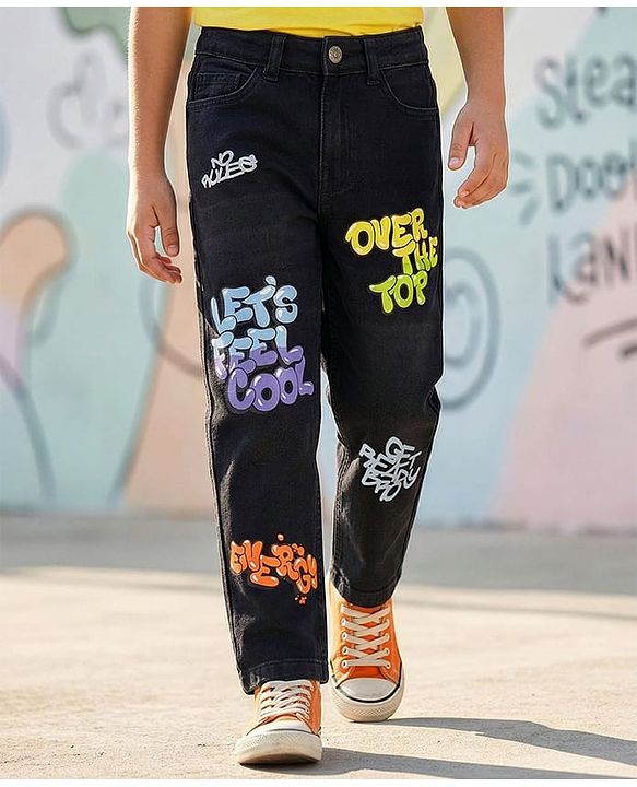 Pine Kids Denim Full Length Washed Jeans With Text Print - Black