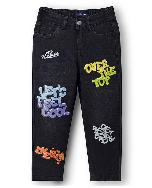 Pine Kids Denim Full Length Washed Jeans With Text Print - Black