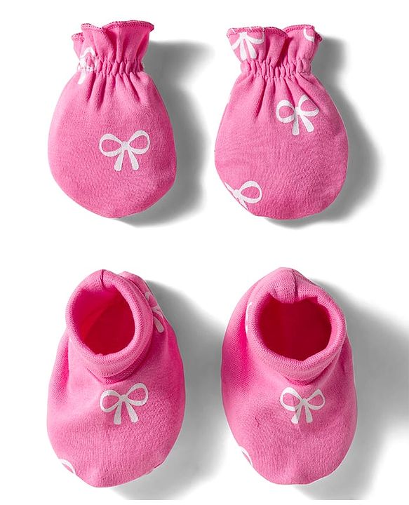 Babyhug 100% Cotton Interlock Knit Mittens & Booties Set with Bow Print - Dark Pink