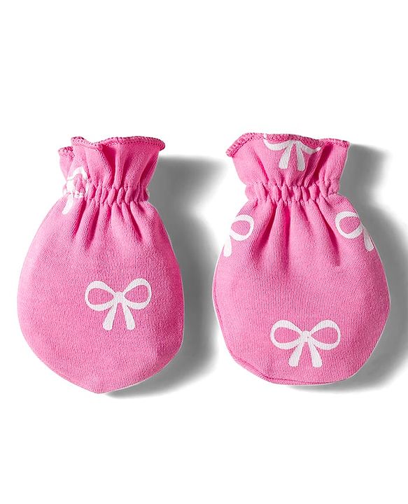Babyhug 100% Cotton Interlock Knit Mittens & Booties Set with Bow Print - Dark Pink