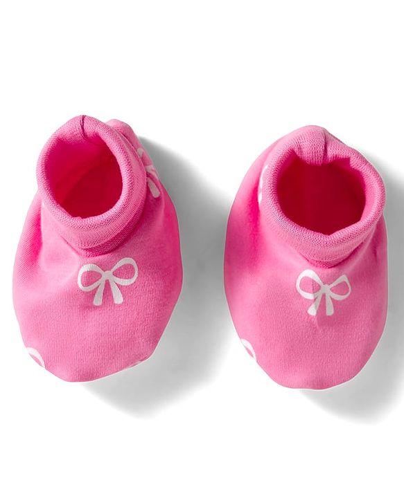 Babyhug 100% Cotton Interlock Knit Mittens & Booties Set with Bow Print - Dark Pink