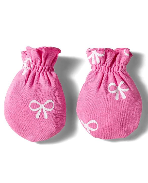 Babyhug 100% Cotton Interlock Knit Mittens & Booties Set with Bow Print - Dark Pink