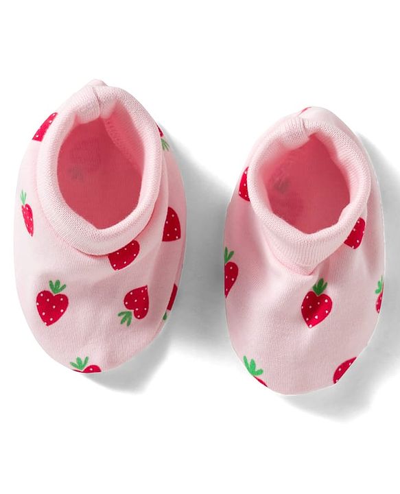 Babyhug 100% Cotton Knit Mittens & Booties Set with Strawberry Print - Pink