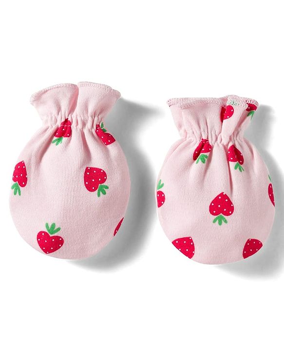 Babyhug 100% Cotton Knit Mittens & Booties Set with Strawberry Print - Pink