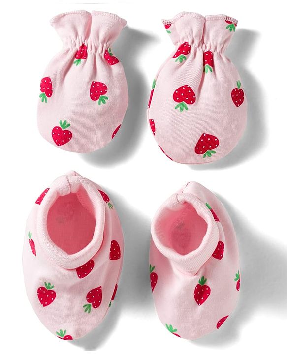 Babyhug 100% Cotton Knit Mittens & Booties Set with Strawberry Print - Pink