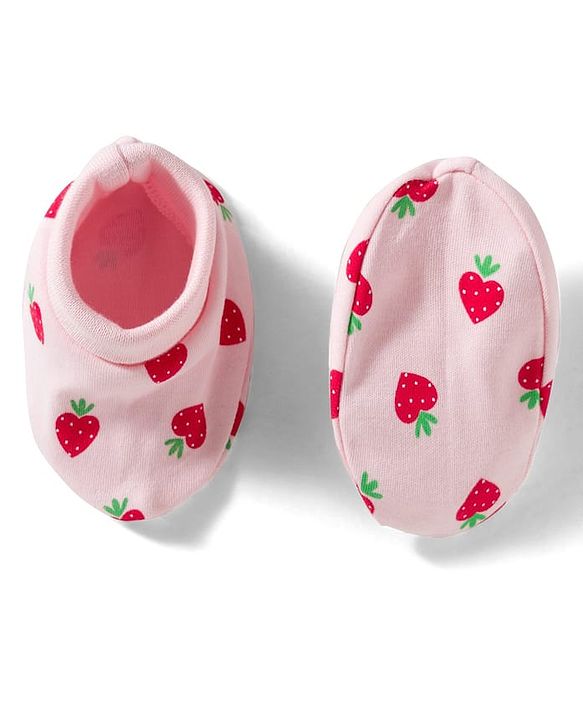 Babyhug 100% Cotton Knit Mittens & Booties Set with Strawberry Print - Pink