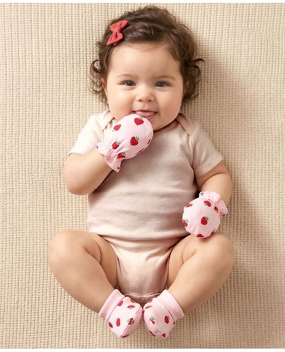 Babyhug 100% Cotton Knit Mittens & Booties Set with Strawberry Print - Pink