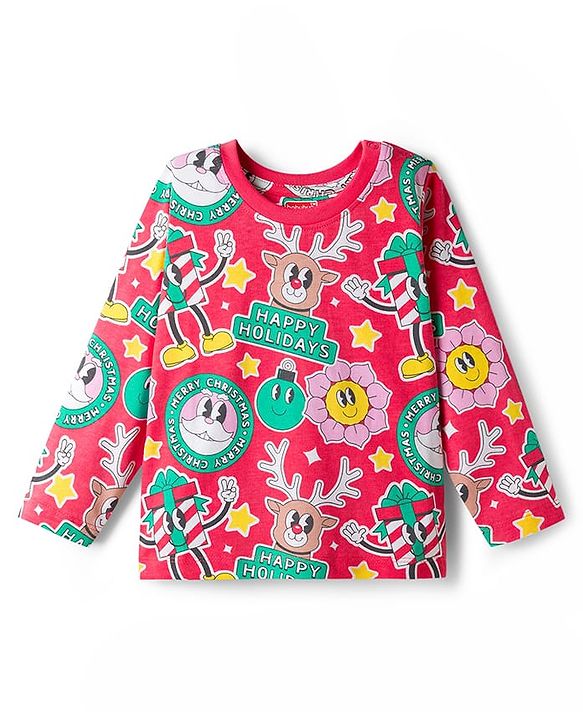 Babyhug Cotton Knit Full Sleeves Co-ords Night Suit with Christmas Print - Red