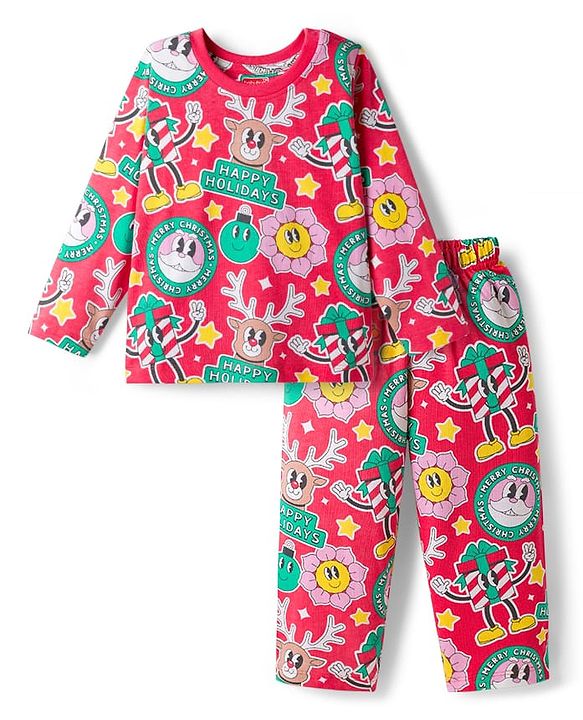 Babyhug Cotton Knit Full Sleeves Co-ords Night Suit with Christmas Print - Red