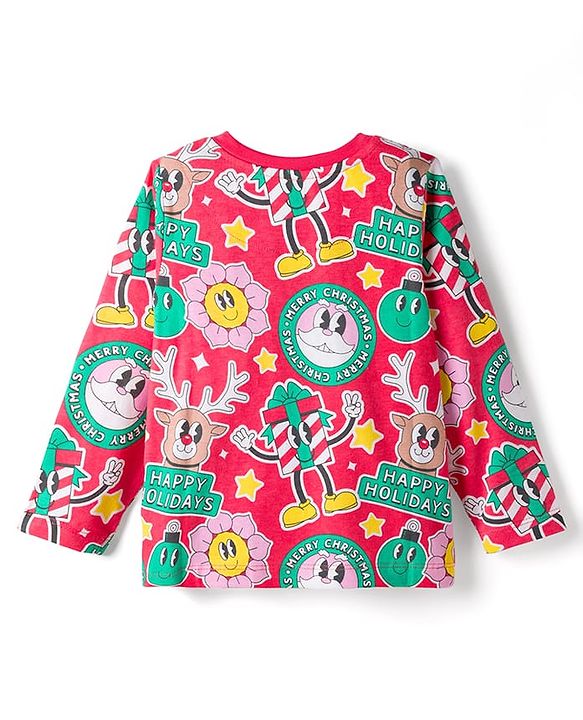 Babyhug Cotton Knit Full Sleeves Co-ords Night Suit with Christmas Print - Red