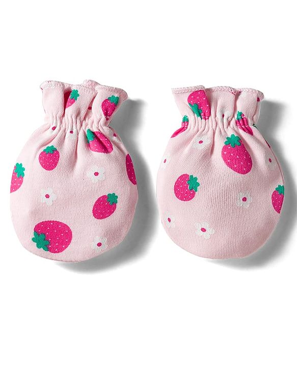 Babyhug 100% Cotton Knit Mittens & Booties Set with Strawberry Print - Pink