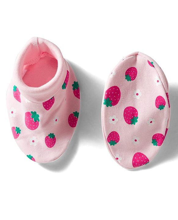Babyhug 100% Cotton Knit Mittens & Booties Set with Strawberry Print - Pink
