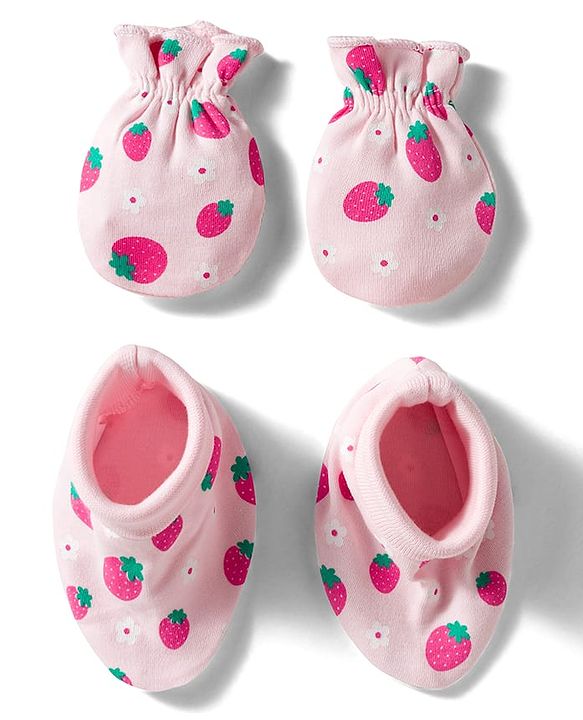 Babyhug 100% Cotton Knit Mittens & Booties Set with Strawberry Print - Pink