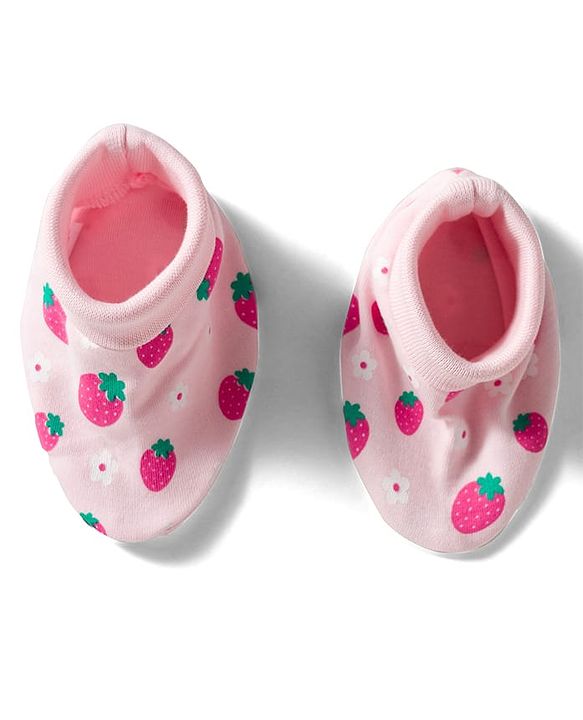 Babyhug 100% Cotton Knit Mittens & Booties Set with Strawberry Print - Pink