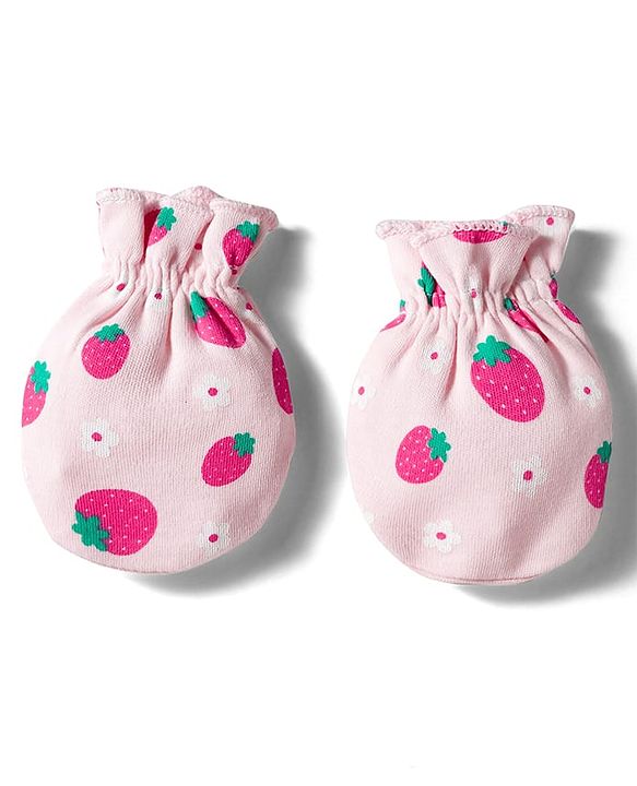 Babyhug 100% Cotton Knit Mittens & Booties Set with Strawberry Print - Pink