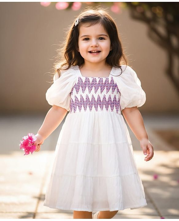 Babyhug Cotton Woven Half Puffed Sleeves Tiered Dress With Smock Detailing - White