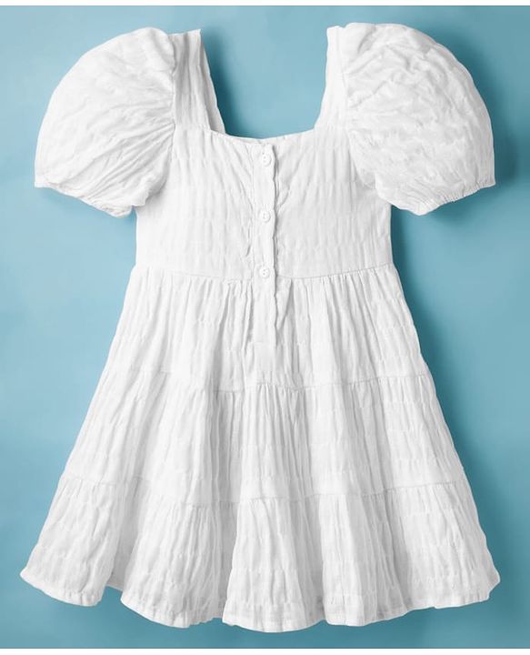 Babyhug Cotton Woven Half Puffed Sleeves Tiered Dress With Smock Detailing - White