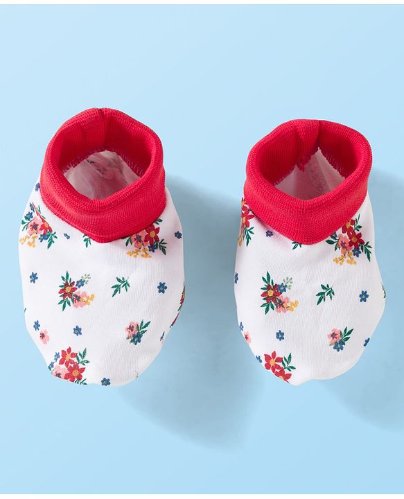 Babyhug 100% Cotton Knit Mittens & Booties Set with Floral Print - White