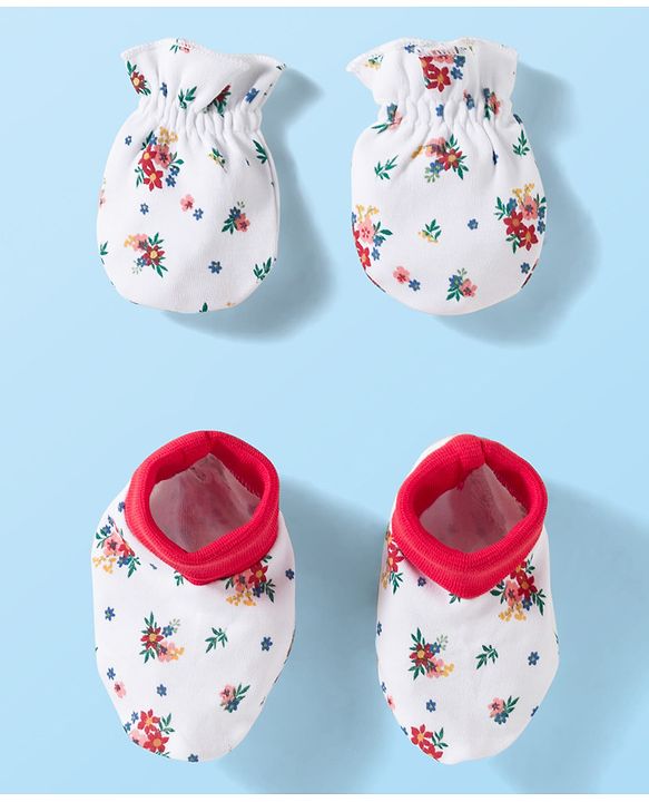 Babyhug 100% Cotton Knit Mittens & Booties Set with Floral Print - White