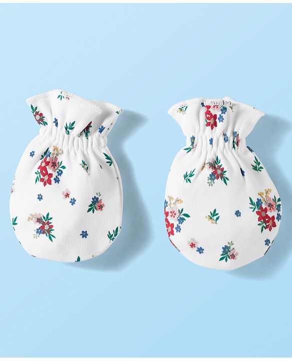 Babyhug 100% Cotton Knit Mittens & Booties Set with Floral Print - White