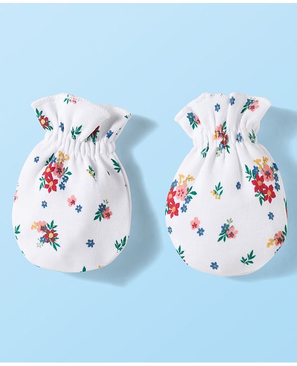 Babyhug 100% Cotton Knit Mittens & Booties Set with Floral Print - White