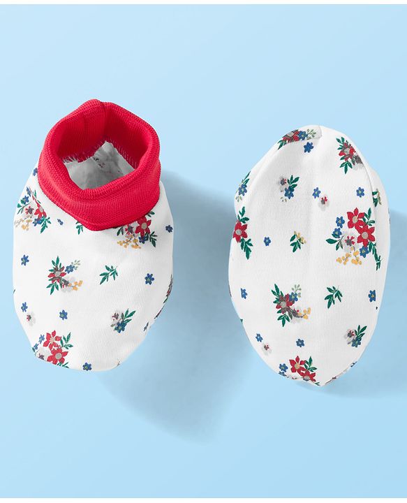 Babyhug 100% Cotton Knit Mittens & Booties Set with Floral Print - White