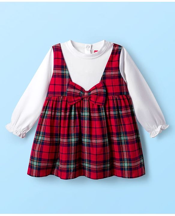 Babyhug Cotton Woven Full Sleeves Frock with Checks and Bow Applique - Red & White