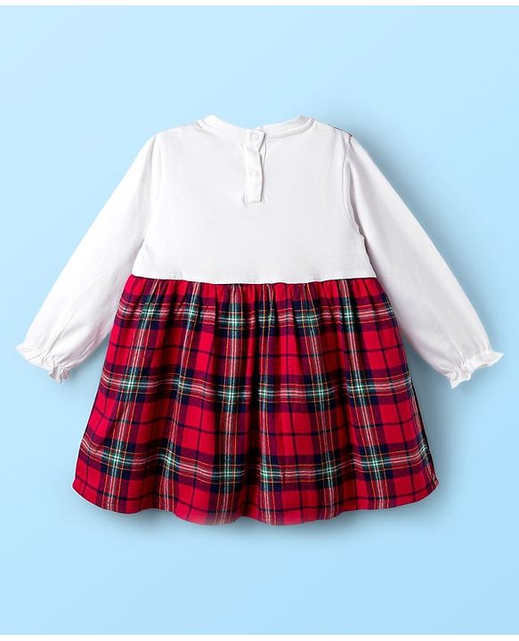 Babyhug Cotton Woven Full Sleeves Frock with Checks and Bow Applique - Red & White
