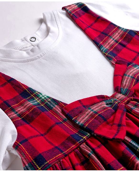 Babyhug Cotton Woven Full Sleeves Frock with Checks and Bow Applique - Red & White