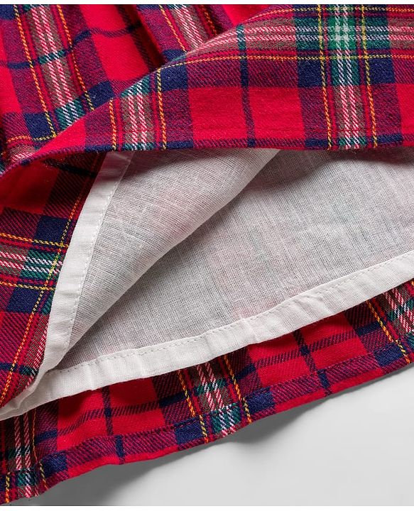 Babyhug Cotton Woven Full Sleeves Frock with Checks and Bow Applique - Red & White